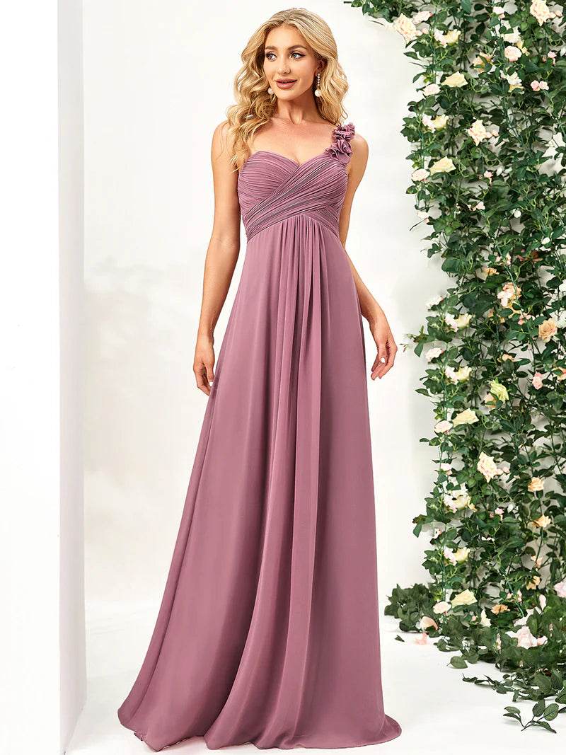 Maxi One-Shoulder Chiffon Bridesmaid Dress – Elegant Floor-Length Gown - Biamonde